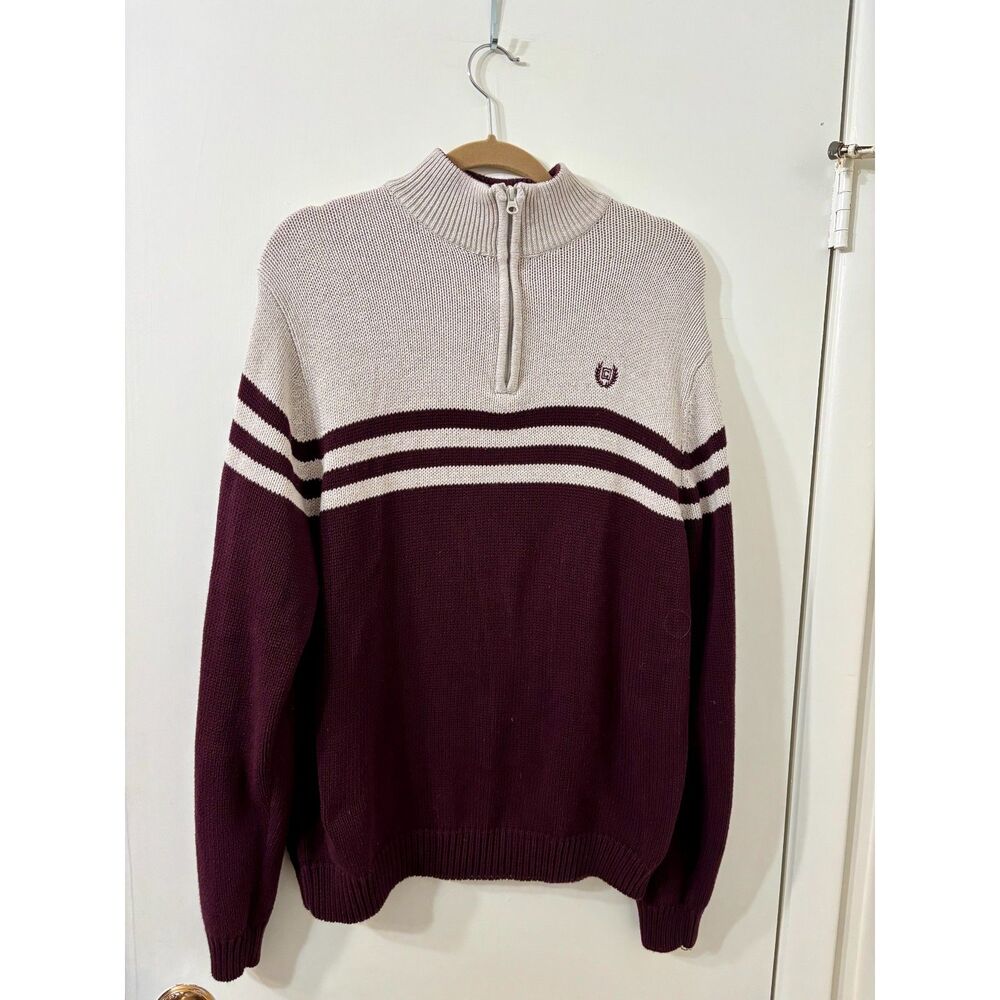 Chaps 90s Mens Large 100% Cotton Cocoa Brown & Cream 1/4 Zip Funnel Neck Sweater